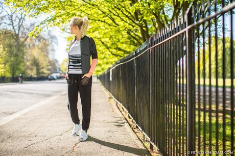 Faya Nilsson of Fitness On Toast in collaboration with Selfridges for 'The Body Studio'; Wearing Monreal top and slouchy bottoms, with Adidas shoes and t-shirt by the running track in Regent's Park in London