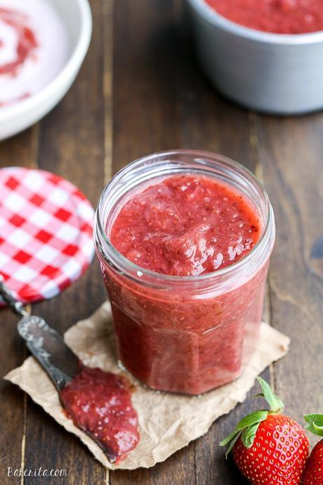 This Strawberry Rhubarb Chia Jam is refined sugar free and made without pectin - it uses chia seeds as the thickener! This easy refrigerator jam is refined sugar free, vegan, and Paleo-friendly.