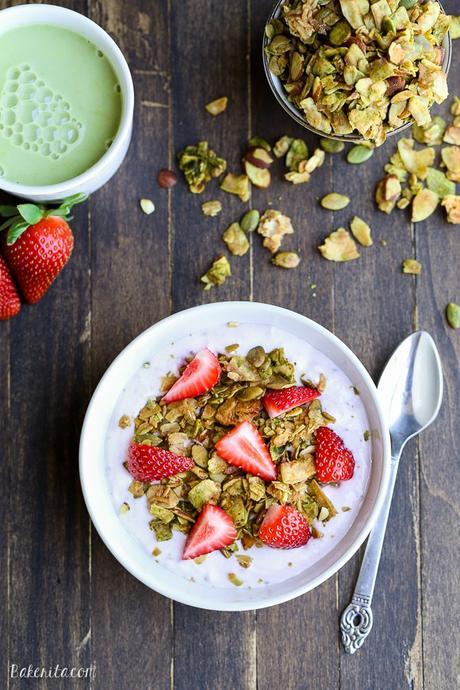 This Matcha Granola has clusters of oats, coconut flakes, almonds, and pepitas tossed with earthy matcha powder. Whether you enjoy it over yogurt or by the handful, this gluten free and vegan granola probably won't last long.