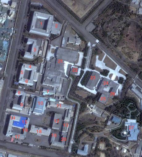 The Workers' Party of Korea Central Committee Office Complex #1 in central Pyongyang. Departments and sections in the image are: the Organization Guidance Department (1) The Liaison Office (2) the Propaganda and Agitation Department (3) the General Affairs Department (4) the Civil Defense Department (5) the Military Affairs Department (6) the Administration Department (7), Document Archive Office (8) Science and Education Department (9) Central Party Assembly Hall (10), Consolidation Section (11), Kim Il Sung Revolutionary History Institute (12), Kim Jong Il Revolutionary Ideological Institute (13) Economic Policy Control and Finance and Planning Departments (14), Office #39 (15), Office #38 (16), the Machine-Building Industry Department (17), the International Affairs Department (18) the Light Industry Department (19) and the Finance and Accounting Department (20) (Photo: Digital Globe/NK Leadership Watch).