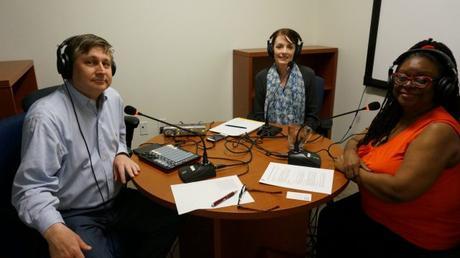 Podcast hosts Ken Jaques and Julie Johnson with guest Toki Mabogunje (right)