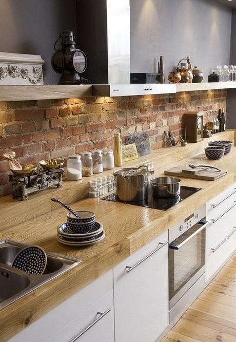 Kitchen: love the raised counter in back along with the brick. Modern yet rustic: 