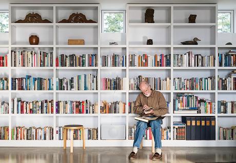 Orcas Island library with shelves of books and Artek stool