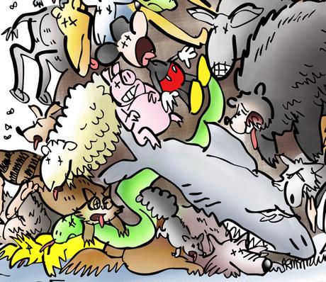 detail image woman in labcoat with broom sweeping up roadkill, enormous pile of dead animals including camel, monkey, rhino, shark, bear, snake, sheep, wolf, donkey, raccoon, many others