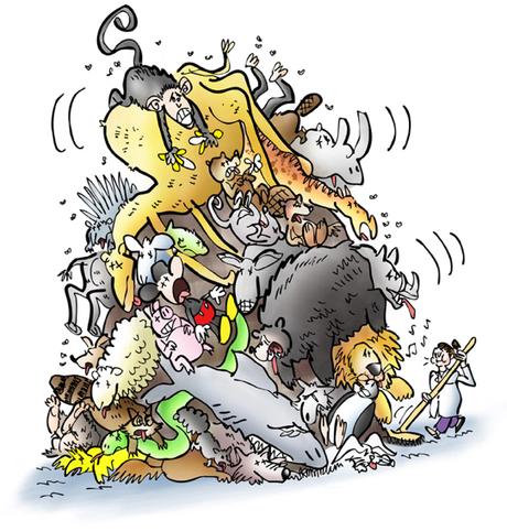 woman in labcoat with broom sweeping up roadkill, enormous pile of dead animals including camel, monkey, rhino, shark, bear, snake, sheep, wolf, donkey, raccoon, many others