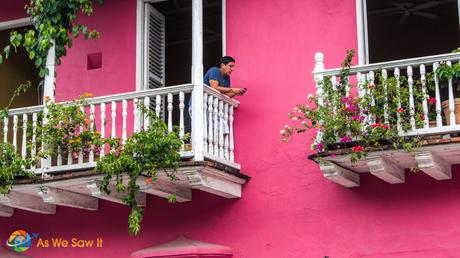 Balcony on pink house in old town Cartagena