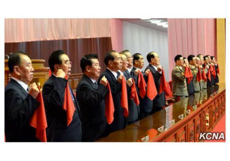 Members of the WPK Political Bureau pledge their loyalty during a meeting held at 7th Party congress venue the April 25 House of Culture on May 11, 2016 (Photo: KCNA).