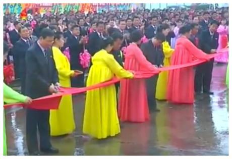 Cargo Ship Launched A ceremonial red rap launch the Jaryok is cut (Photo: Korean Central TV).
