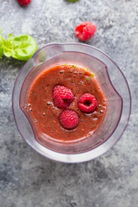 This Raspberry Basil Vinaigrette is ready in 3 minutes, contains a full cup of raspberries, and no oil! A delicious, healthier salad dressing option.