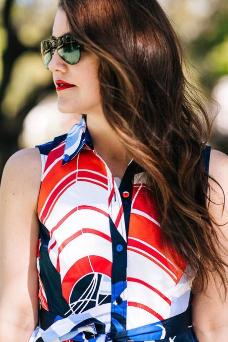 Amy Havins wears a sailboat-print shirtdress from Talbots.