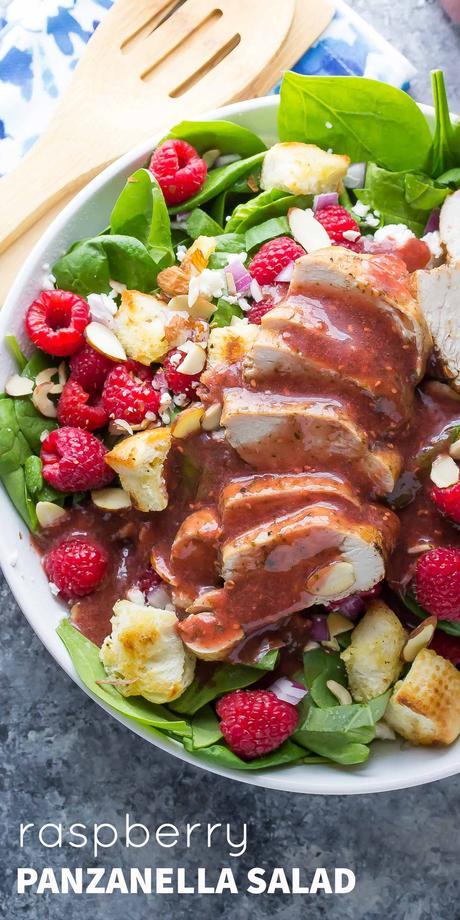 Raspberry Spinach Panzanella Recipe with Chicken and Raspberry Basil Vinaigrette, ready in 30 minutes!