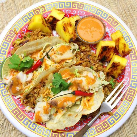 Thai Style Fish Tacos Meal #FishFridayFoodies Thai Style Fish Tacos with Peanut Sauce, Grilled Pineapple and Coconut Fried Rice