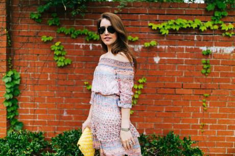 Dallas Blogger Amy Havins wears a printed off the shoulder shoshanna dress.