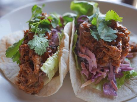 Pibil pork tacos, apple slaw, crispy lettuce & barbacoa sauce