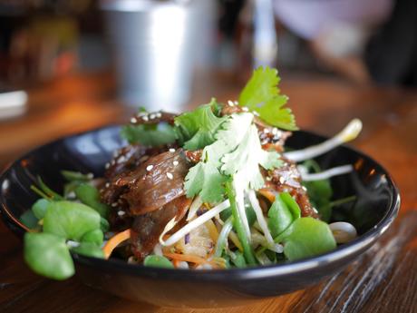 Crispy duck, mouli, watercress & carrot salad with plum, ginger & soy