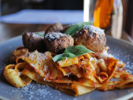 Papparedelle, 'Packington' pork & veal meatballs, chilli, tomato, basil & mint pesto