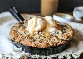 Salted Caramel Filled Dark Chocolate Chunk Skillet Cookie