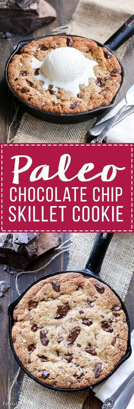 This Paleo Chocolate Chip Skillet Cookie is the ultimate gooey dessert! This gluten free and refined sugar free skillet cookie is a healthier alternative to the classic Pizookie. Use big chocolate chunks to make it extra chocolatey!