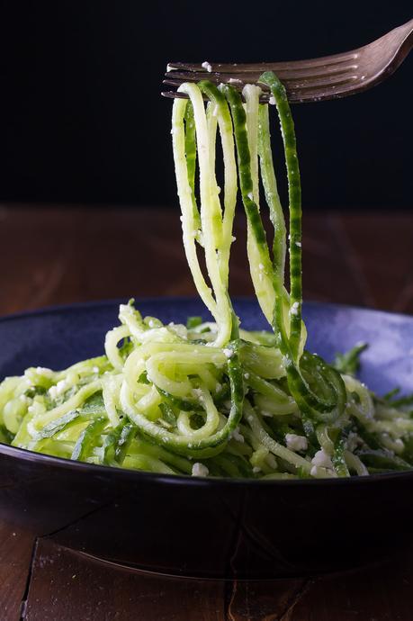This Spiralized Cucumber Salad is ready in 10 minutes! Cucumber noodles are tossed with feta and mint in a tangy lemon vinaigrette.