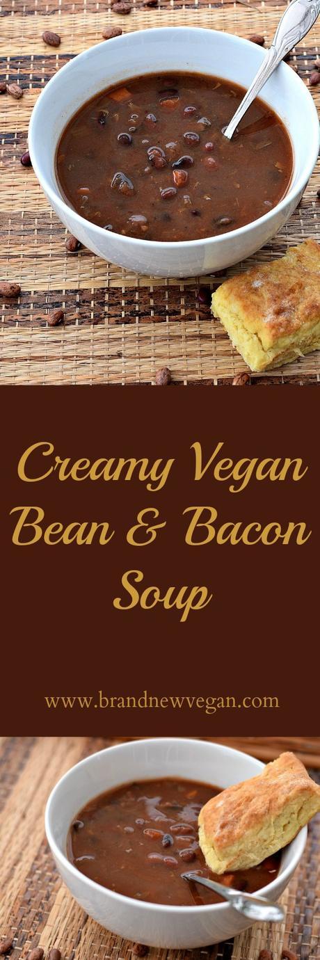 This Vegan Bean and Bacon Soup remins me of those little cans of Campbell's Soup I ate as a kid. With marinated mushrooms substituted for the bacon you almost can't tell the difference!