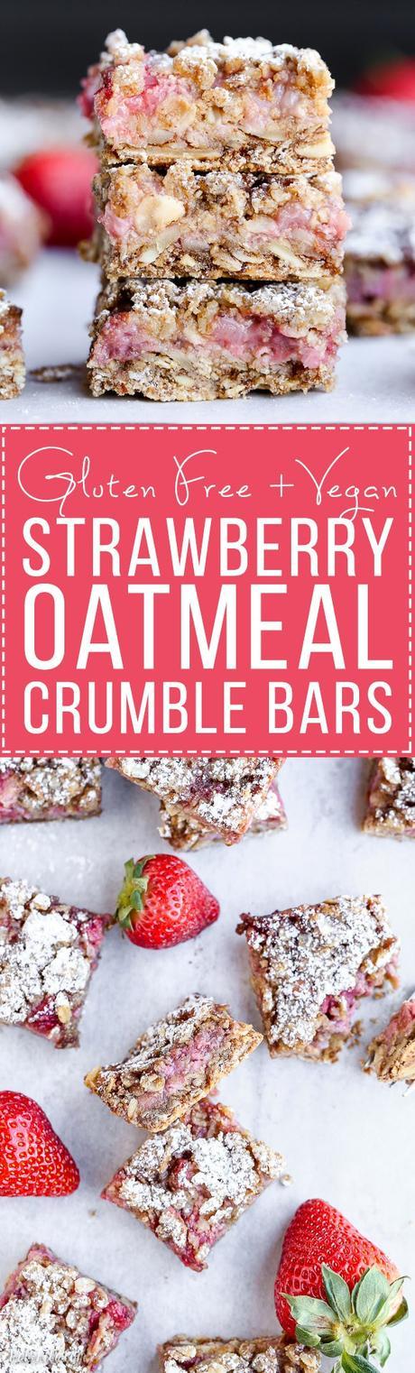 These Strawberry Oatmeal Crumble Bars feature fresh strawberries and an oatmeal crumb crust that doubles as the crumble topping! This quick and easy recipe is gluten-free and vegan.