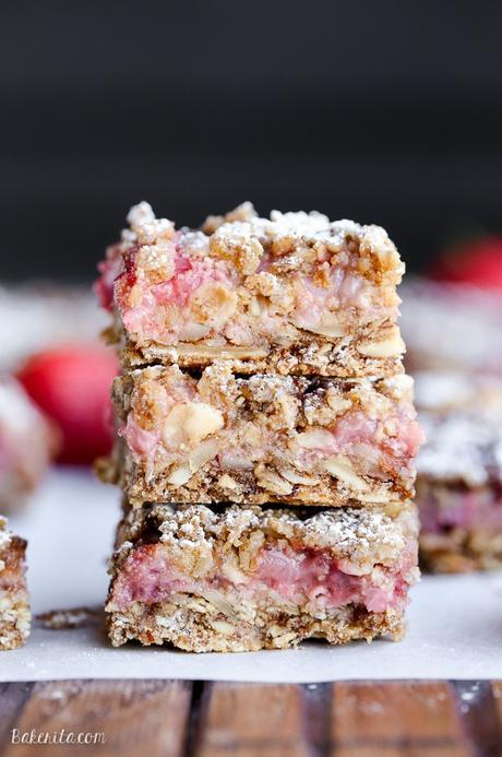 These Strawberry Oatmeal Crumble Bars feature fresh strawberries and an oatmeal crumb crust that doubles as the crumble topping! This quick and easy recipe is gluten-free and vegan.