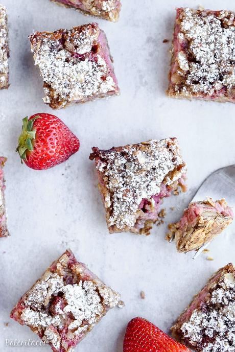 These Strawberry Oatmeal Crumble Bars feature fresh strawberries and an oatmeal crumb crust that doubles as the crumble topping! This quick and easy recipe is gluten-free and vegan.