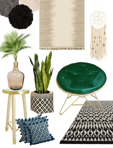 Think emerald green – lots of it in soft velvets and lush house plants with splashes of colour and pattern.