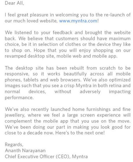  A letter of Mr. Ananth Narayan, CEO, Myntra, on Myntra coming back on web through desktop.