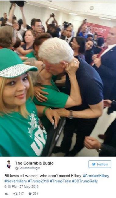 Bill Clinton kisses woman at campaign rally 5-27-2016