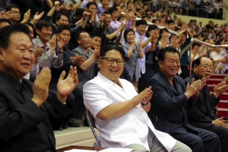 Kim Jong Un watches a men's basketball game between the Sobaeksu and Chinese Olympic Teams (Photo: Rodong Sinmun).