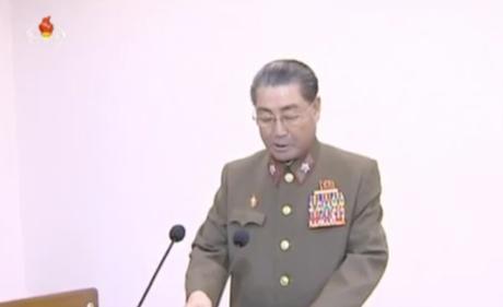 Kim Il Sung Military University Post-graduate School Rector and former Minister of the People's Armed Forces Vice Marshal Kim Jong Gak addresses one of the joint conference's sidelines inter-sector meetings (Photo: Korean Central Television).