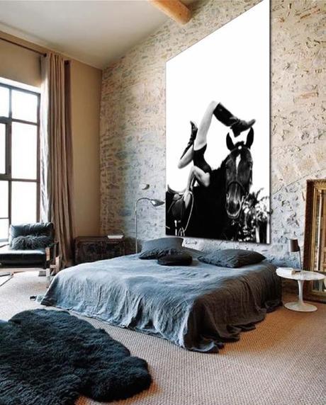 Oversize Black & White Photography In Industrial Style Bedroom