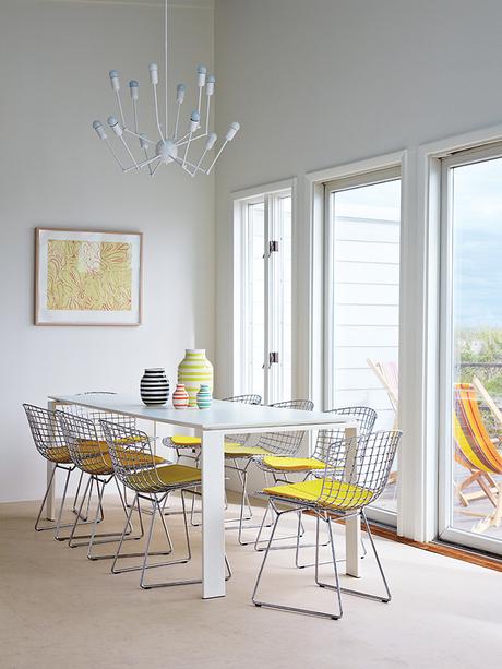 Fire Island dining room with Knoll table, Autoban chandelier, and Bertoia wire chairs