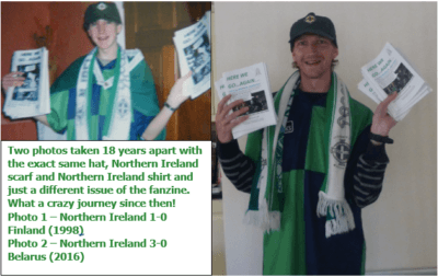 #gawa #daretodream Living Out A Childhood Dream Supporting Northern Ireland: My Plans for June 2016 1998 to 2016 - selling Here We Go...Again (same hat, scarf, shirt and fanzine)