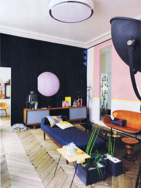 Living Room With Pink Wall and Navy Wall