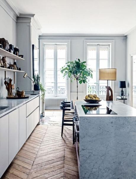 French Home With Grey Kitchen And Open Shelving