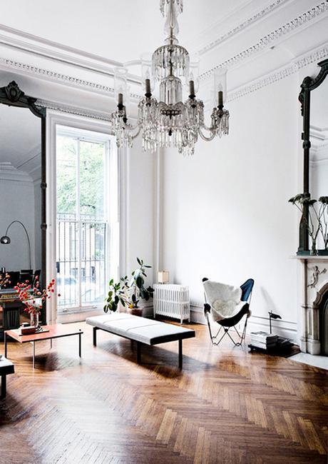 Parisian Style Interior With Herringbone Floors & Crystal Chandelier