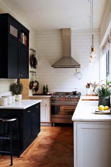 Kitchen With Black Cabinetry Wood Flooring In Chevron Pattern