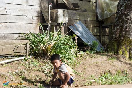 Little Embera boy playing on a farm outside and above Boquete