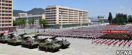 Multiple rocket launch systems presented by the Korean Children's Union on its 70th anniversary to Korean People's Army units pass through Hamhu'ng Square on June 1, 2016 (Photo: KCNA).