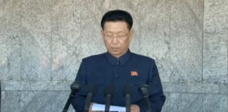 Kim Su Gil, Chairman of the Pyongyang City WPK Committee and alternate member of the WPK Political Bureau, delivers the report at the rally in Pyongyang on June 1, 2016 (Photo: Korean Central TV).