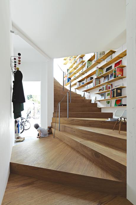 Modern Japanese home with continuous wooden staircase 