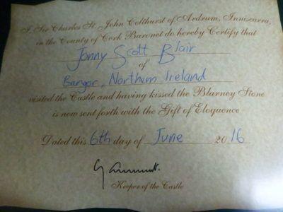 Kissing the Blarney Stone in County Cork, Republic of Ireland My certificate to say I have kissed the Blarney Stone