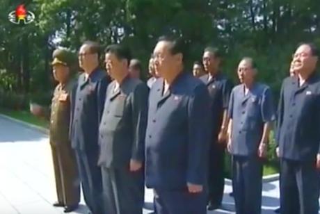 Senior DPRK officials pay their respects at Kim Hyon Jik's grave on June 5, 2016. In the front row (left to right) are: 1st Vice Minister of the People's Armed Forces and WPK Political Bureau Alternate Member Colonel-General No Kwang Chol, WPK Vice Chairman for International Affairs and WPK Political Bureau Member Ri Su Yong, DPRK Vice Premier and WPK Political Bureau Member Ro Tu Chol and Korean Social Democratic Central Committee Chairman Kim Yong Dae (Photo: Korean Central TV).