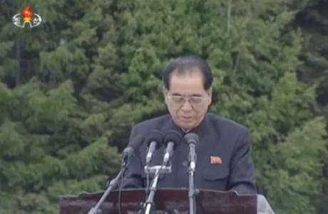 DPRK Prime Minister and WPK Political Bureau Presidium Member Pak Pong Ju speaks at a June 4, 2016 meeting in Samjiyo'n marking the 60th anniversary of KJI initiating study tours to revolutionary battle sites in Yanggang Province (Photo: Korean Central TV).