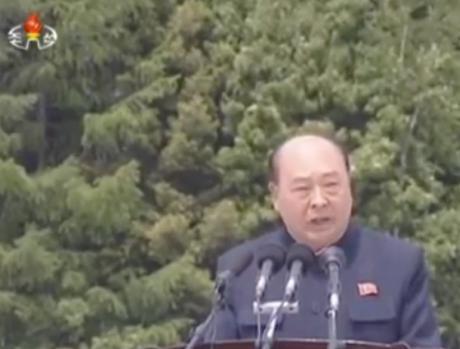 Chairman of the Yanggang WPK Provincial Committee RI Sang Won presides over a meeting marking the 60th anniversary of study tours at revolutionary battle sites in Samjiyo'n (Photo: Korean Central TV).