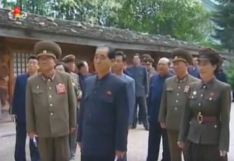 (Left to right) DPRK Vice Premier Kim Tok Hun, Minister of the People's Armed Forces and WPK Political Bureau Member General Pak Yong Sik, DPRK Prime Minister and WPK Political Bureau Presidium Member Pak Pong Ju and a docent tour the Mt. Paektu secret headquarters (KJI's official birthplace) on June 4, 2016 (Photo: Korean Central TV).