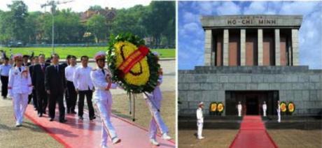Choe Tae Bok and a WPK delegation participate in a wreath laying ceremony at the mausoleum of Ho Chi Minh on June 5, 2016 (Photo: Rodong Sinmun).