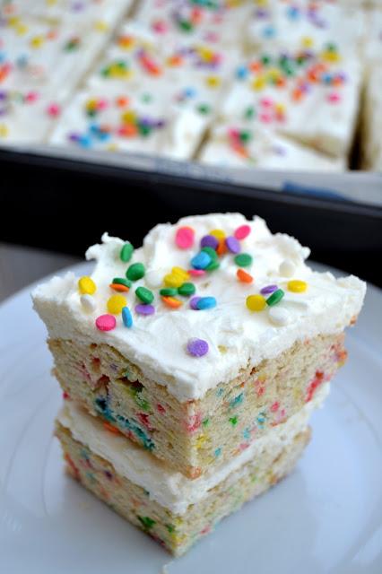 birthday cake bars funfetti sprinkles vanilla almond flavoured cake cut into individual servings